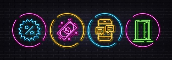 Payment, Phone messages and Discount minimal line icons. Neon laser 3d lights. Open door icons. For web, application, printing. Finance, Mobile chat, Special offer. Entrance. Vector