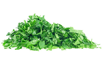 Obraz premium Pile of fresh chopped green parsley leaves isolated on a white background