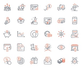 Finance icons set. Included icon as Credit card, Innovation and World money web elements. Budget, Bitcoin project, Web report icons. Market seller, Sale gift, Salary employees web signs. Vector