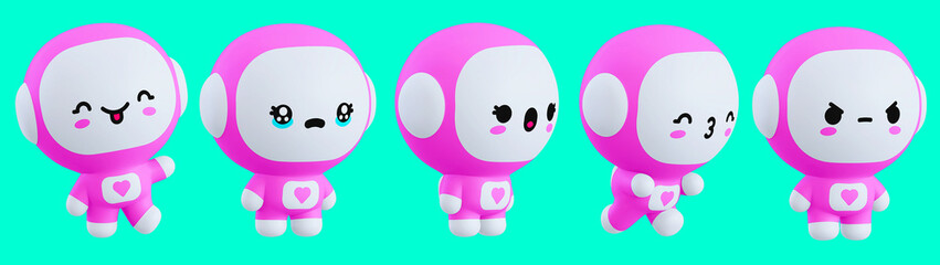 Funny little kawaii set character. Cartoon astronaut Girl 3d render illustration on blue backdrop