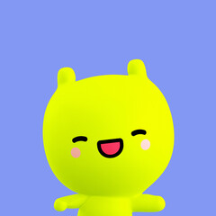 Funny little kawaii character. Cartoon alien emoji 3d render illustration on blue backdrop