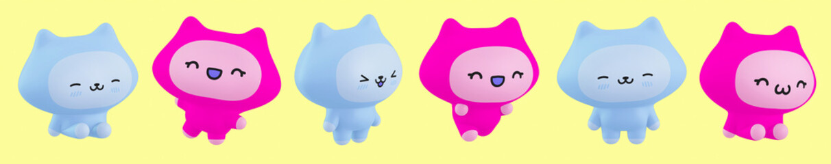 Funny little kawaii character set. Cartoon pink and blue kitty 3d render illustration on yellow backdrop