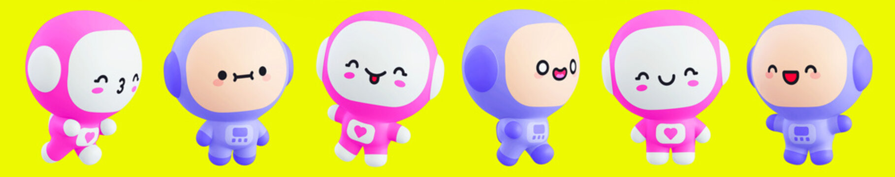 Funny little kawaii character set. Cartoon pink and blue astronaut 3d render illustration on yellow backdrop