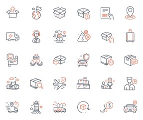 Transportation icons set. Included icon as Search package, Car secure and Return package web elements. Lighthouse, Truck delivery, Parking icons. Shipping support, Valet servant. Vector