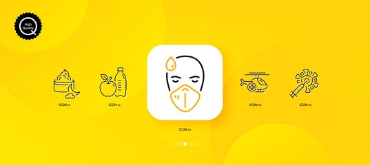 Fototapeta na wymiar Night cream, Sick man and Medical helicopter minimal line icons. Yellow abstract background. Healthy food, Coronavirus vaccine icons. For web, application, printing. Vector