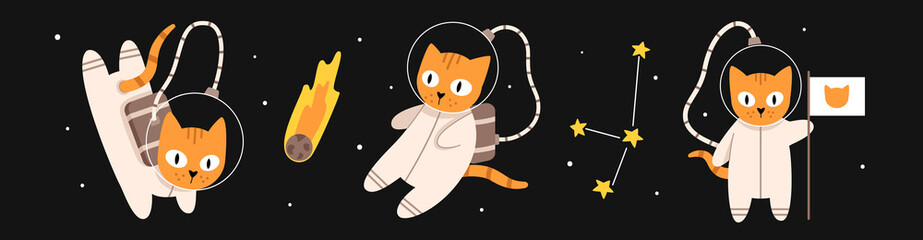 Vector set with cute cats in space. Cat astronauts in flat design. Funny animals flying in the galaxy. Cat in space puts a flag. Constellation and comet. © Ulyana Mo