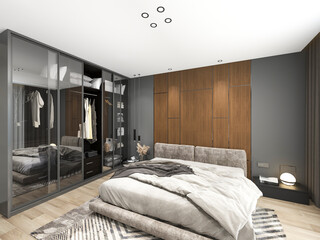  3d illustration, warm and comfortable bedroom, warm big bed room, bedside table, dressing table, etc