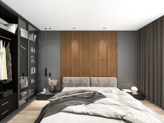  3d illustration, warm and comfortable bedroom, warm big bed room, bedside table, dressing table, etc