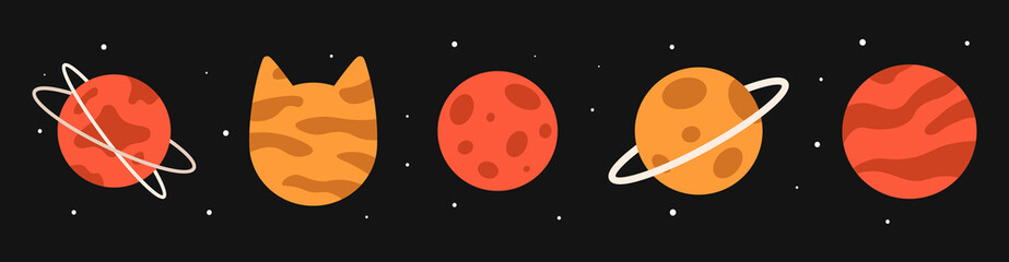 Fototapeta Vector planet set in flat style. Orange and red planets with spots, stripes and rings. Planet in the shape of a cat. obraz