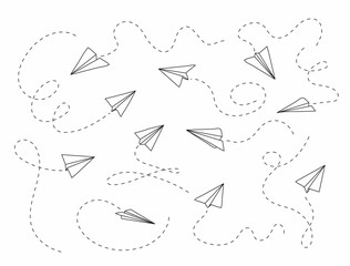 Plane icon with fly rout vector. Paper airplane in hand drawn style. Outline paper aircraft. Doodle message, sms, e-mail symbols.
