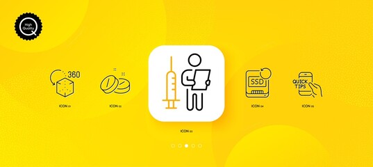 Fototapeta na wymiar Augmented reality, Recovery ssd and Education minimal line icons. Yellow abstract background. Vaccination announcement, Medical tablet icons. For web, application, printing. Vector