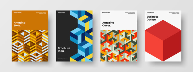 Fototapeta premium Unique geometric hexagons pamphlet concept composition. Multicolored magazine cover vector design illustration collection.