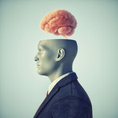 Man with half of head and a brain as a cloud.