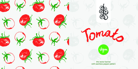 Tomatoes flyer. Tomato drawings for Italian food poster, spanish cooking ad card. Cooking courses vector panoramic banner template. Hand-drawn illustration. Organic vegetables. Vegan restaurant menu.