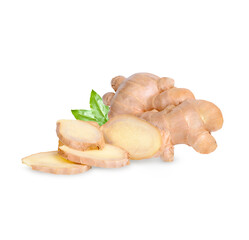 Fresh ginger rhizome and sliced with leaves isolated on white background