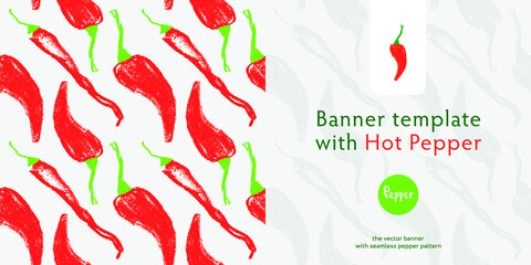 Vector hot pepper banner. Hand-drawn pattern. Peppers illustration. Pepper drawings. Red chilli background. Organic homemade vegetables. Vegan food wallpaper. Spices backdrop. Vegetarian restaurant.