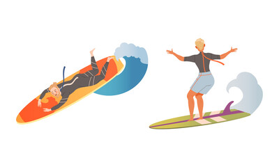 Fototapeta na wymiar People surfers riding ocean or sea waves cartoon vector illustration