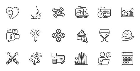 Outline set of Timer, Video conference and Calendar line icons for web application. Talk, information, delivery truck outline icon. Include Agent, Wine glass, Ice cream icons. Vector