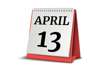 Calendar on white background. 13 April. 3D illustration.