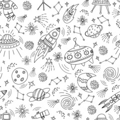 Seamless pattern made with cosmo and space elements. Hand drawn colorful doodles.