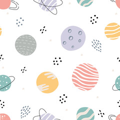 Seamless pattern made with cosmo and space elements. Hand drawn colorful doodles.