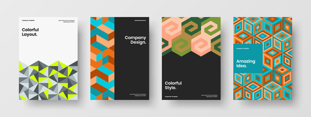 Colorful company brochure design vector illustration collection. Premium geometric hexagons catalog cover layout composition.