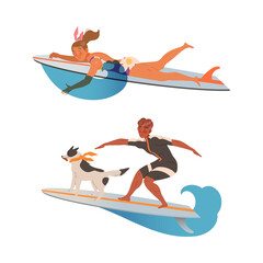 People in swimwear riding ocean or sea waves on surf boards set cartoon vector illustration