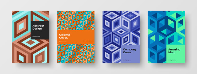 Bright corporate brochure design vector template bundle. Minimalistic geometric shapes booklet illustration set.