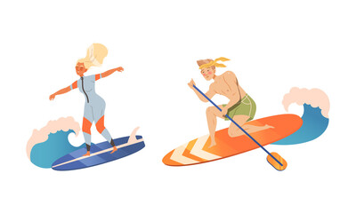 People in swimwear surfing set. Guy and girl riding ocean or sea waves on surf board cartoon vector illustration