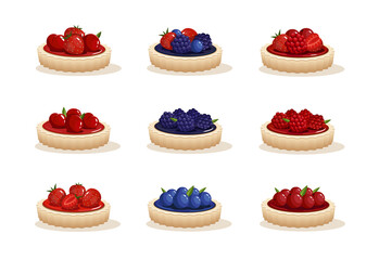 Set different tarts. Different tartlets with berries. Strawberries, raspberries, blackberries, blueberries, currants, cherry on cakes - obrazy, fototapety, plakaty