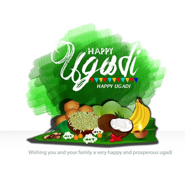 ugadi Greeting card,poster, banner with traditional food pachadi with all flavors for Indian New Year festival Ugadi (Gudi 