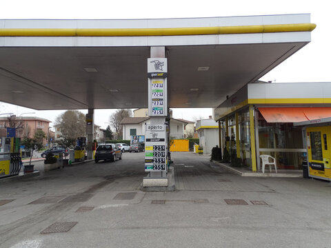 Lombardy, Italy - 14th march 2022 Rising prices tags and labels  of diesel, petrol and other fuel as the station gas pump over 2,2 euro per litre depending on brand, service and place