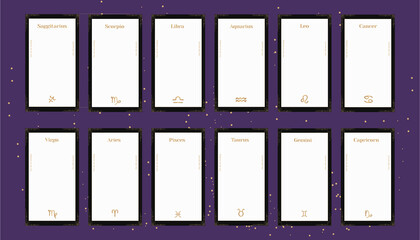 set of Templates for the horoscope in instagram stories of history. An elegant collection for an esoteric zodiac horoscope for a logo or poster on a black background.