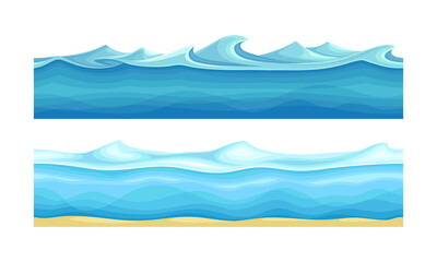 Ocean or sea water waves set. Horizontal seamless background with curved waves vector illustration