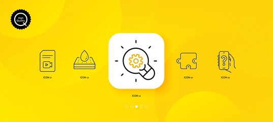 Fototapeta na wymiar Video file, Help app and Innovation minimal line icons. Yellow abstract background. Puzzle, Waterproof mattress icons. For web, application, printing. Vector