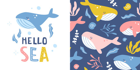 Whales pattern collection with lettering. Underwater seamless vector print for fabric and apparel. © Sonium_art
