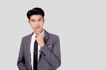 Portrait young asian business man in suit with smart thinking idea isolated on white background, businessman standing and planning for success, handsome manager or executive, emotion and expression.