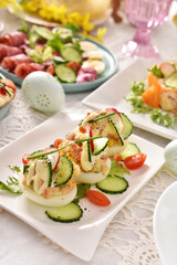 Easter table with stuffed egg halves