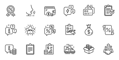 Obraz na płótnie Canvas Outline set of Clipboard, Money bag and Loan percent line icons for web application. Talk, information, delivery truck outline icon. Include Report, Discounts chat, Wallet icons. Vector