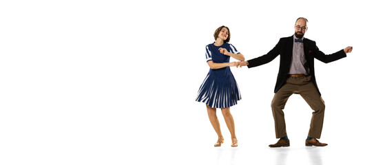 Flyer with couple of dancers, young man and woman in vintage retro style outfits dancing lindy hop...