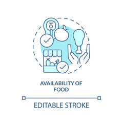 Availability of food turquoise concept icon. Food security basic definitions abstract idea thin line illustration. Isolated outline drawing. Editable stroke. Arial, Myriad Pro-Bold fonts used