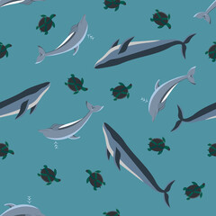 Naklejka premium Cute kids seamless pattern with whales, dolphins and turtles, made in vector. Sea life pattern for fabric, textile.