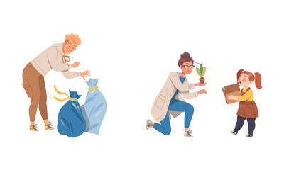 Ecology and environment concept. People protecting and taking care of plants, sorting waste vector illustration