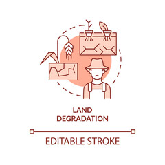 Land degradation red concept icon. Challenges to achieving food security abstract idea thin line illustration. Isolated outline drawing. Editable stroke. Arial, Myriad Pro-Bold fonts used