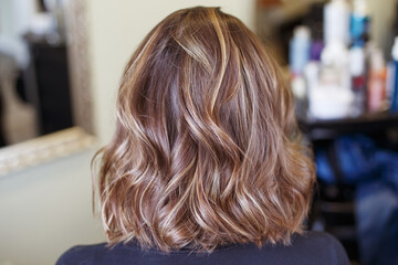 brunette woman with shiny brown curly hair back view in salon