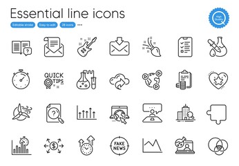 Timer, Brush and Chemistry experiment line icons. Collection of Fake news, Interview, Quick tips icons. Instruction manual, Time management, Online chemistry web elements. Puzzle. Vector