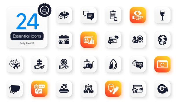 Set of Business flat icons. Refresh website, Water drop and Health eye elements for web application. Card, Puzzle, Business meeting icons. Speech bubble, Safe planet, Dots message elements. Vector