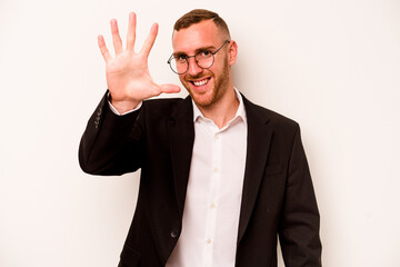 Young business caucasian man isolated on white background smiling cheerful showing number five with fingers.