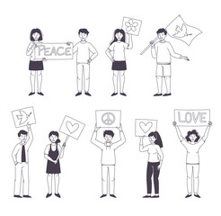 People Character Partaking in Demonstration for Love and Peace with Placard Vector Set