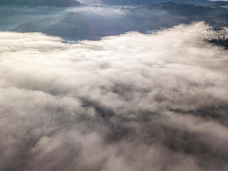 Obraz premium Morning mist in Ukrainian Carpathian mountains. Aerial drone view.